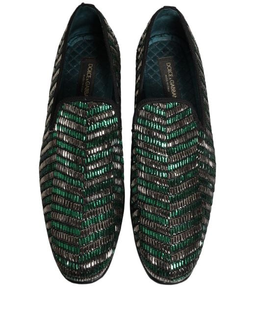 Dolce & Gabbana Silver Green Embellished Dress Loafers Shoes for men