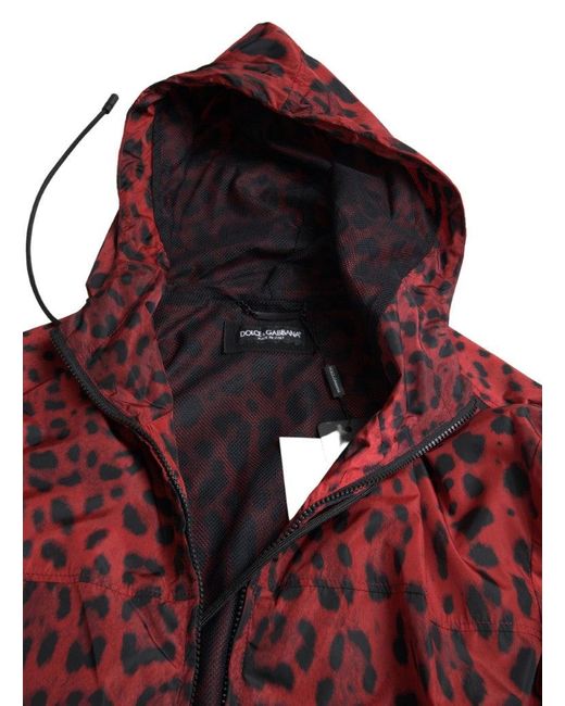 Dolce & Gabbana Red Leopard Hooded Bomber Full Zip Jacket for men