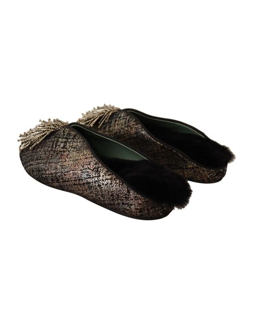 Paola D'arcano Black Gold Jacquard Leather Embellished Slip On Shoes