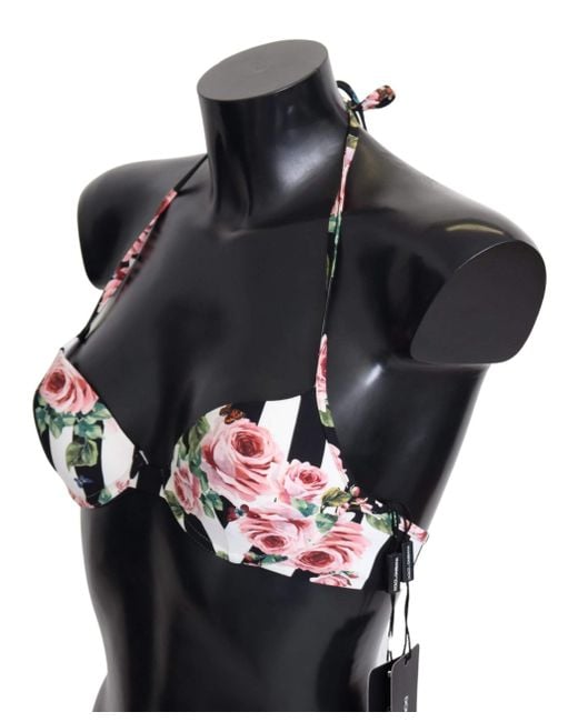 Dolce & Gabbana Black Striped Rose Print Swimwear Bikini Tops