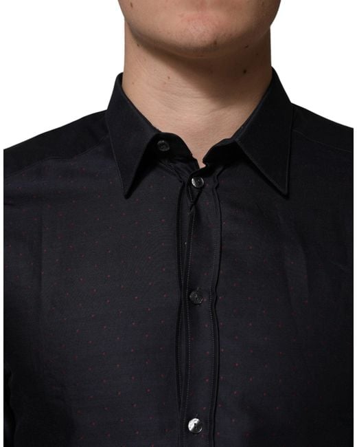 Dolce & Gabbana Black Dotted Cotton Collared Dress Shirt for men