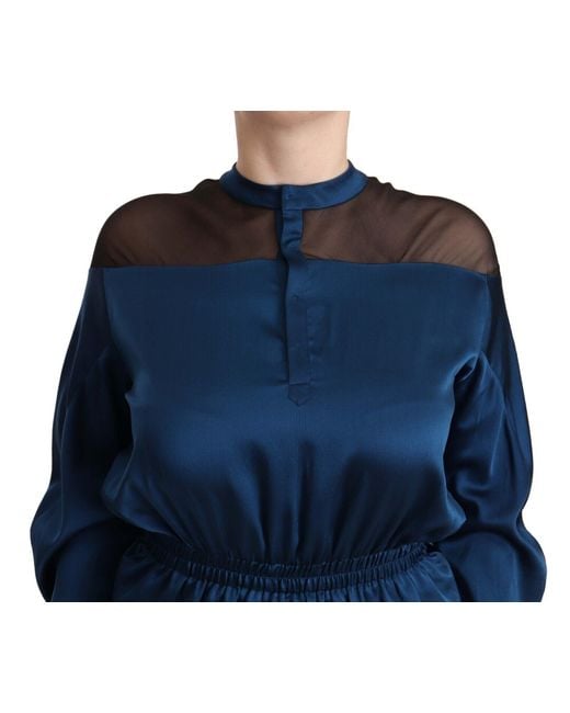Masha Ma Blue Silk Long Sleeves Elastic Waist Top Blouse
