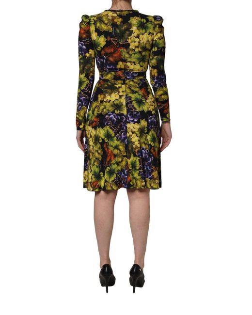 Dolce & Gabbana Green Multicolor Grape Print Longsleeve Midi Dress