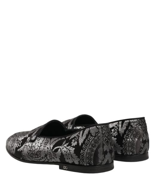Dolce & Gabbana Black Silver Jacquard Leather Slip On Loafers Shoes for men