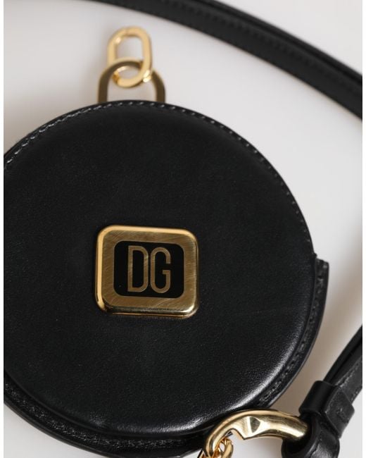 Dolce & Gabbana Black Round Leather Dg Logo Coin Purse Lanyard Wallet for men