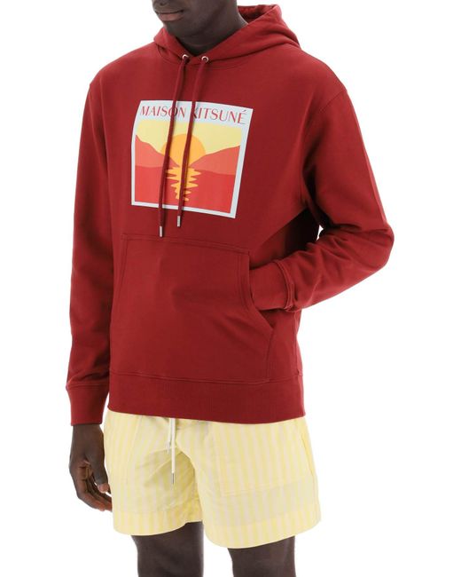 Maison Kitsuné Red Hooded Sweatshirt With Graphic Print for men