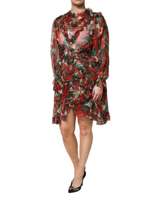 Dolce & Gabbana Red Multicolor Ruffle Floral Long Sleeves Dress for men