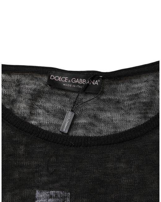 Dolce & Gabbana Black Linen Mesh Tattered Longsleeves T-Shirt Polyester for men