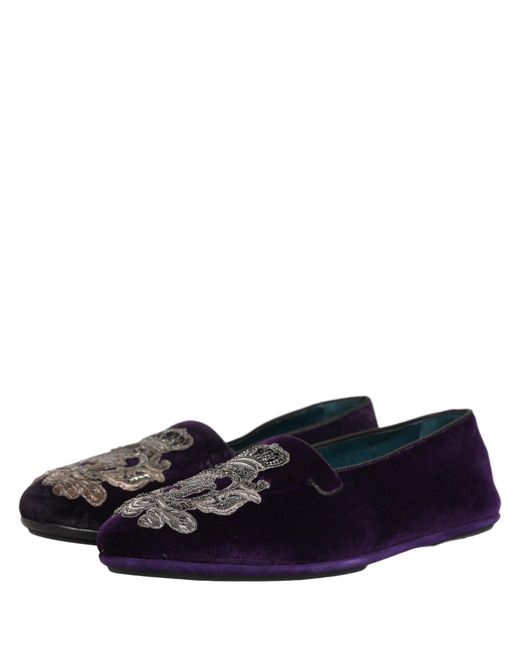 Dolce & Gabbana Blue Purple Velvet Crown Embroidery Loafers Shoes for men