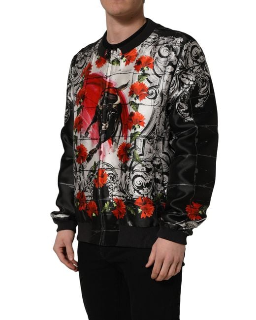 Dolce & Gabbana Black Multicolor Majolica Bull Print Bomber Jacket for men