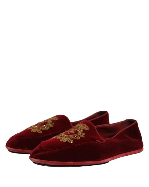 Dolce & Gabbana Red Maroon Velvet Crown Embroidery Loafers Shoes for men