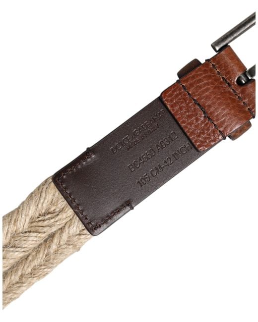 Dolce & Gabbana Brown Jute Leather Woven Metal Buckle Belt for men