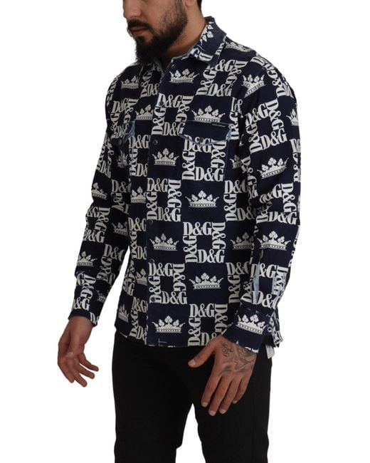 Dolce & Gabbana Black Dolce Gabbana Denim Stretch Dg Crown Logo Casual Shirt for men