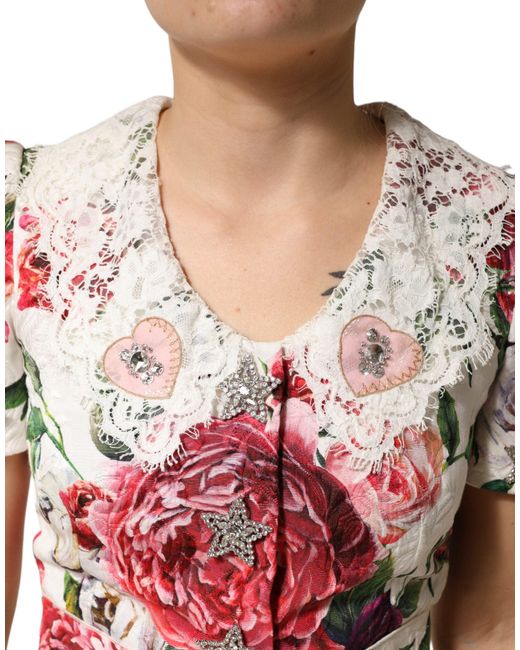 Dolce & Gabbana Red White Floral Embellished Sheath Mini Dress