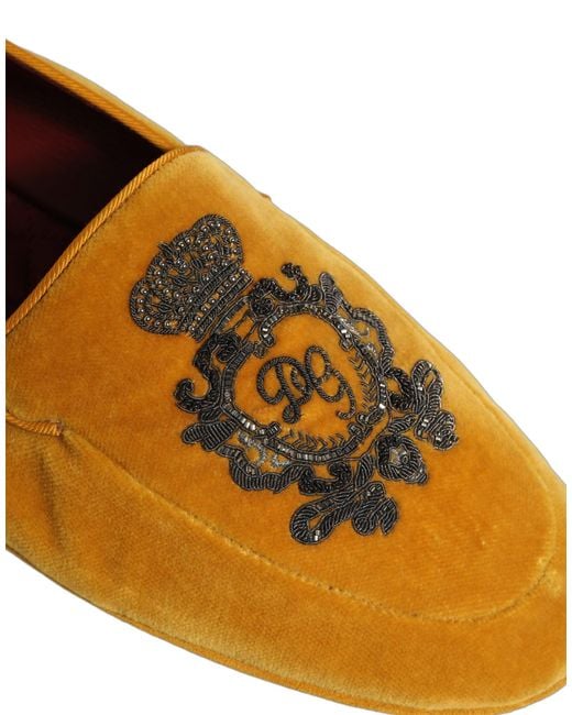 Dolce & Gabbana Brown Yellow Velvet Crown Embroidery Loafers Shoes for men