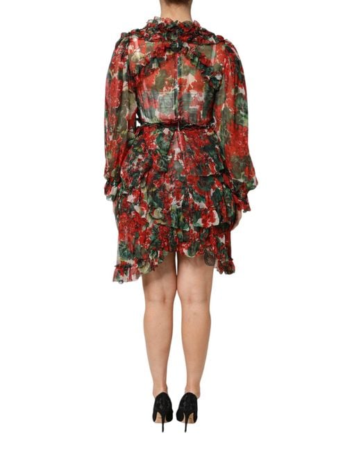Dolce & Gabbana Red Multicolor Ruffle Floral Long Sleeves Dress for men