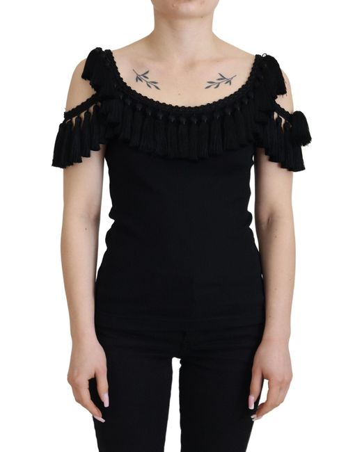 Dolce & Gabbana Black Tank Top Tassle Cotton Blouse