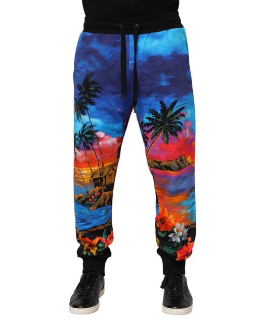 Dolce & Gabbana Blue Printed Drawstring Pants for men