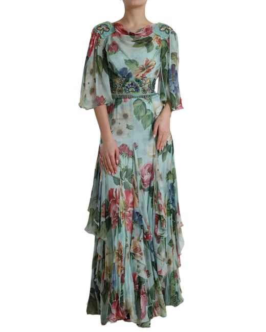 Dolce & Gabbana Green Blue Floral Print Tiered Long Maxi Dress