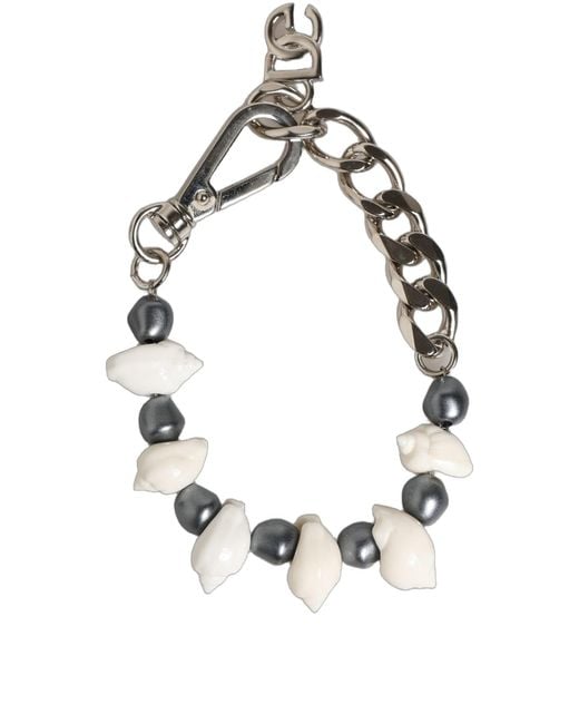 Dolce & Gabbana White Silver Tone Brass Beaded Shell Dg Logo Pendant Bracelet