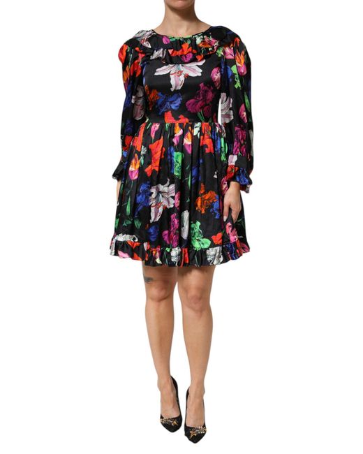 MSGM Black Floral Print Ruffletrim Dress
