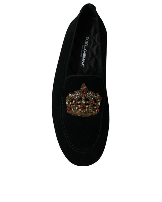 Dolce & Gabbana Black Calfskin Slippers With Crown Embroidery for men