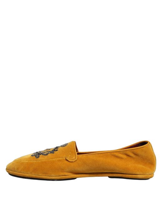 Dolce & Gabbana Brown Yellow Velvet Crown Embroidery Loafers Shoes for men