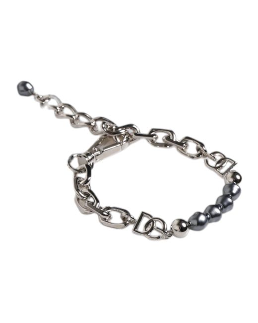 Dolce & Gabbana Metallic Tone Chain Lobster Clasp Logo Pearls Bracelet for men