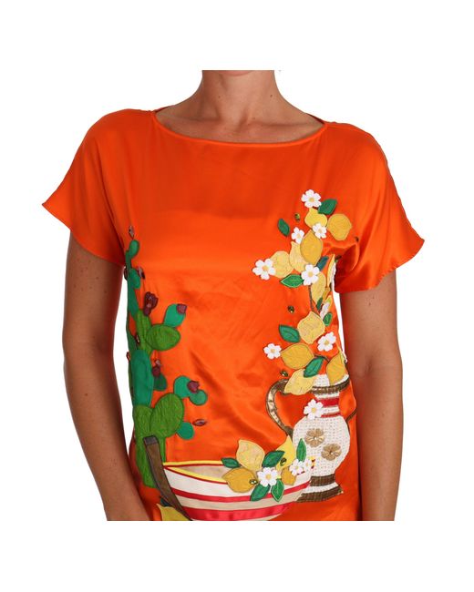 Dolce & Gabbana Silk Orange Lemon Crystal T-shirt Top