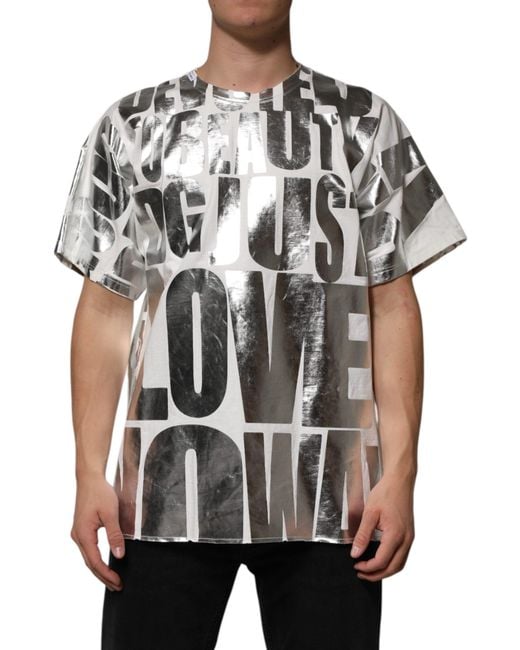 Dolce & Gabbana Black Cotton Metallic Slogan Print T-Shirt for men
