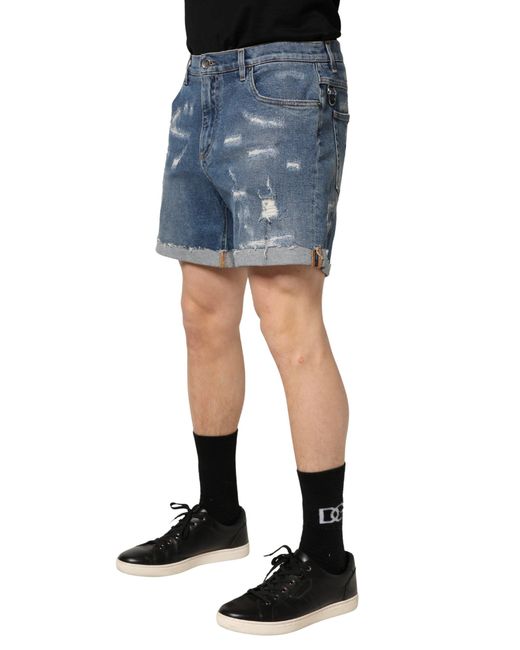 Dolce & Gabbana Blue Cotton Distressed Denim Bermuda Shorts for men