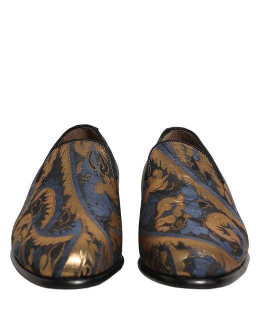 Dolce & Gabbana Gray Blue Brocade Slip On Men Dress Loafers Shoes for men