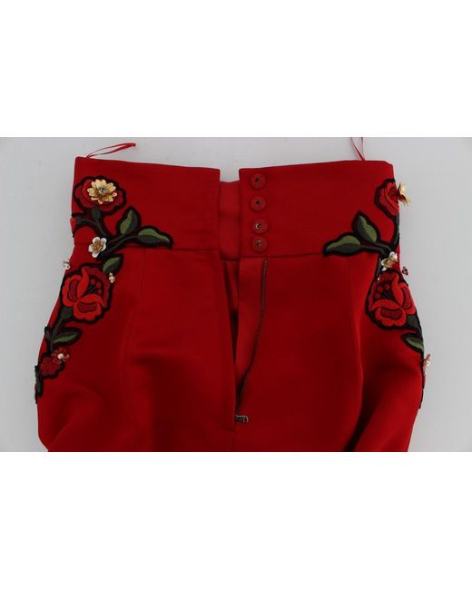 Dolce & Gabbana Red Silk Crystal Roses Shorts