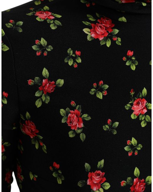 Dolce & Gabbana Black Rose Print Turtle Neck Blouse Top