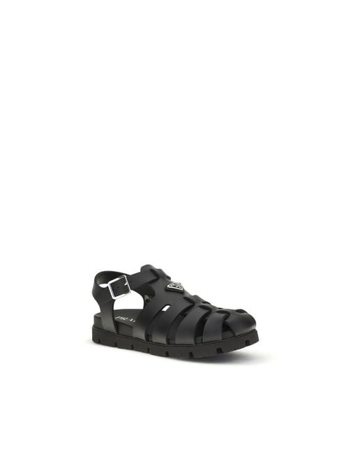 Prada Black Calf Leather Bos Taurus Flat Sandals for men