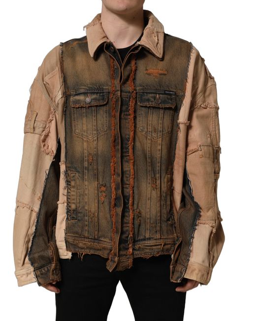 Dolce & Gabbana Brown Multicolor Raw Cut Panelled Denim Men Jacket for men