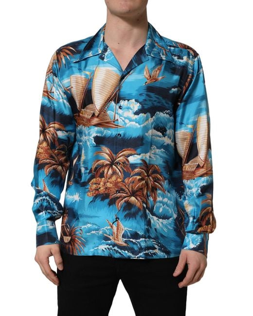 Dolce & Gabbana Blue Silk Twill Hawaiian Graphicprint Shirt for men
