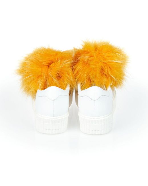 MR & MRS Yellow White Textile Sneaker With Real Fur Pom Poms