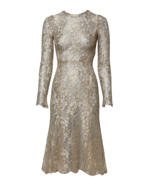 Dolce & Gabbana Natural Floral Lace Long Sleeves Fit & Flare Dress