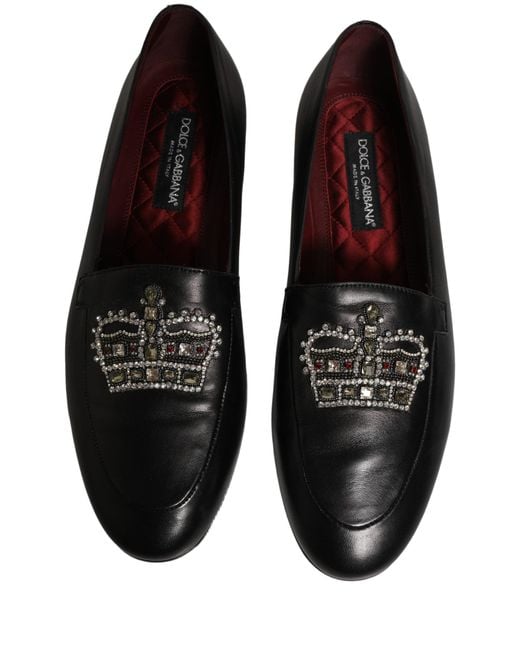 Dolce & Gabbana Black Leather Crown Embellished Loafers Shoes for men