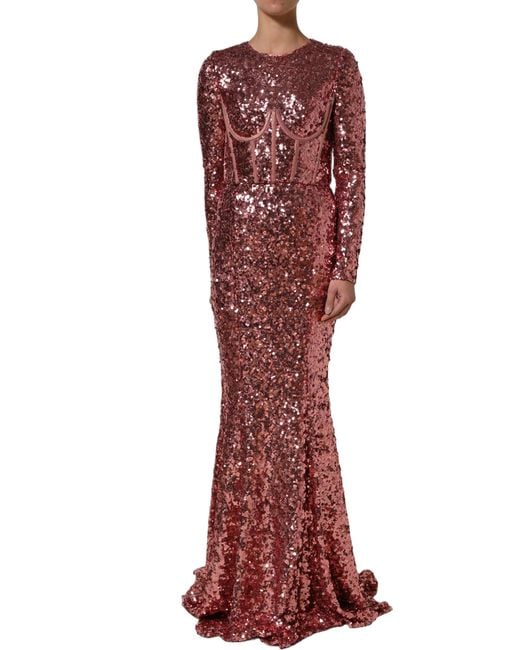 Dolce & Gabbana Red Pink Long Sequined Corset Detailing Gown Dress