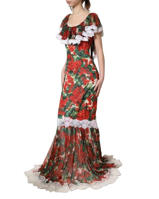 Dolce & Gabbana Brown Multicolor Geranium Flower Lace Maxi Dress