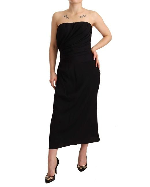 Dolce & Gabbana Black Elegant Straples Silk Midi Dres