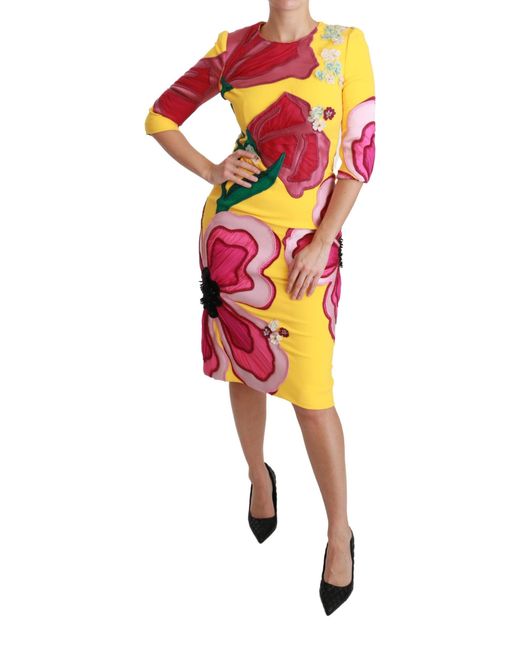 Dolce & Gabbana Red Mesh Trimmed Bodycon Sheath Midi Dress