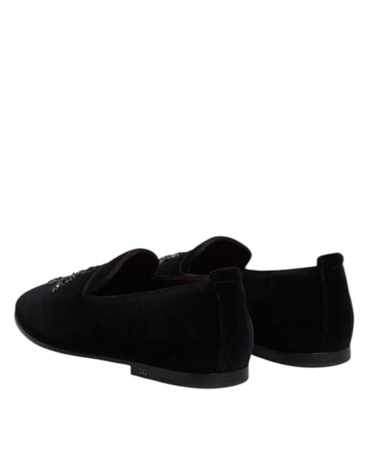 Dolce & Gabbana Black Velvet Embellished Loafer Slip On Shoes for men