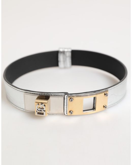 Dolce & Gabbana Black Silver Textured Leather Gold Tone Metal Neckband for men