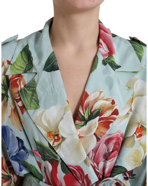 Dolce & Gabbana Green Multicolor Floral Silk Trench Coat Jacket