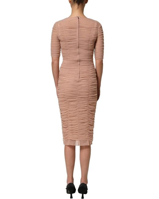 Dolce & Gabbana Natural Beige Cotton Mesh Ruched Sheath Midi Dress