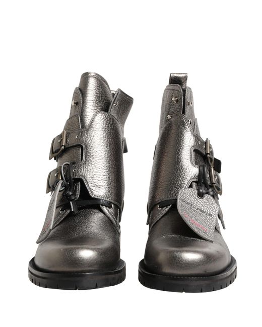 Dolce & Gabbana Metallic Silver Leather Buckle Ankle Boots  display picture 3