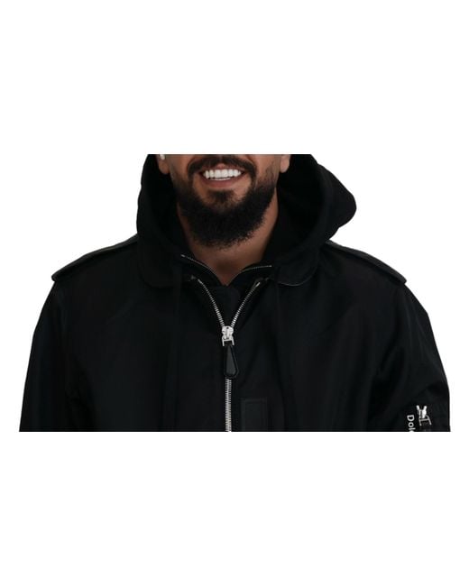 Dolce & Gabbana Black Nylon Hooded Full Zip Coat Jacket for men
